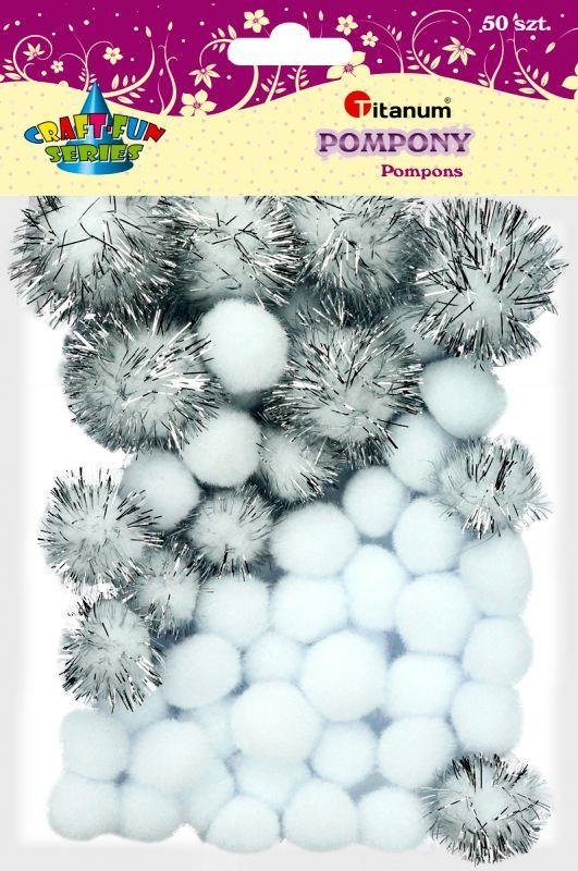 Titanum Pompony poliestrowe i brokatowe białe 50szt.