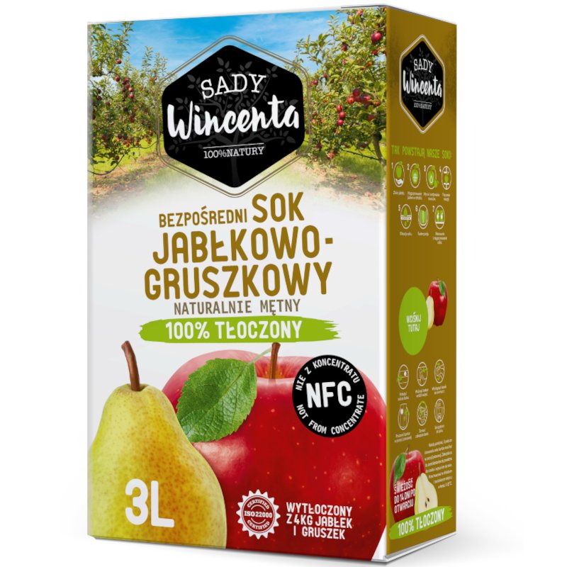 Sady Wincenta Sady Wincenta Sok 100% jabłkowo-gruszkowy naturalnie mętny tłoczony NFC 3 l