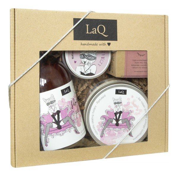 LaQ - Kocica - Zestaw prezentowy dla kobiet - Żel pod prysznic 500 ml + Masełko do twarzy 50 ml + Mus do mycia twarzy 100 ml + Peeling do ciała 200 ml
