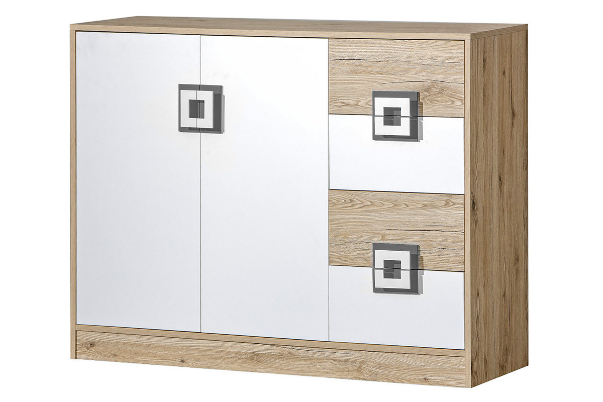 Komoda CAMBI biały/jasny dąb/szary, 120x93x40, płyta wiórowa
