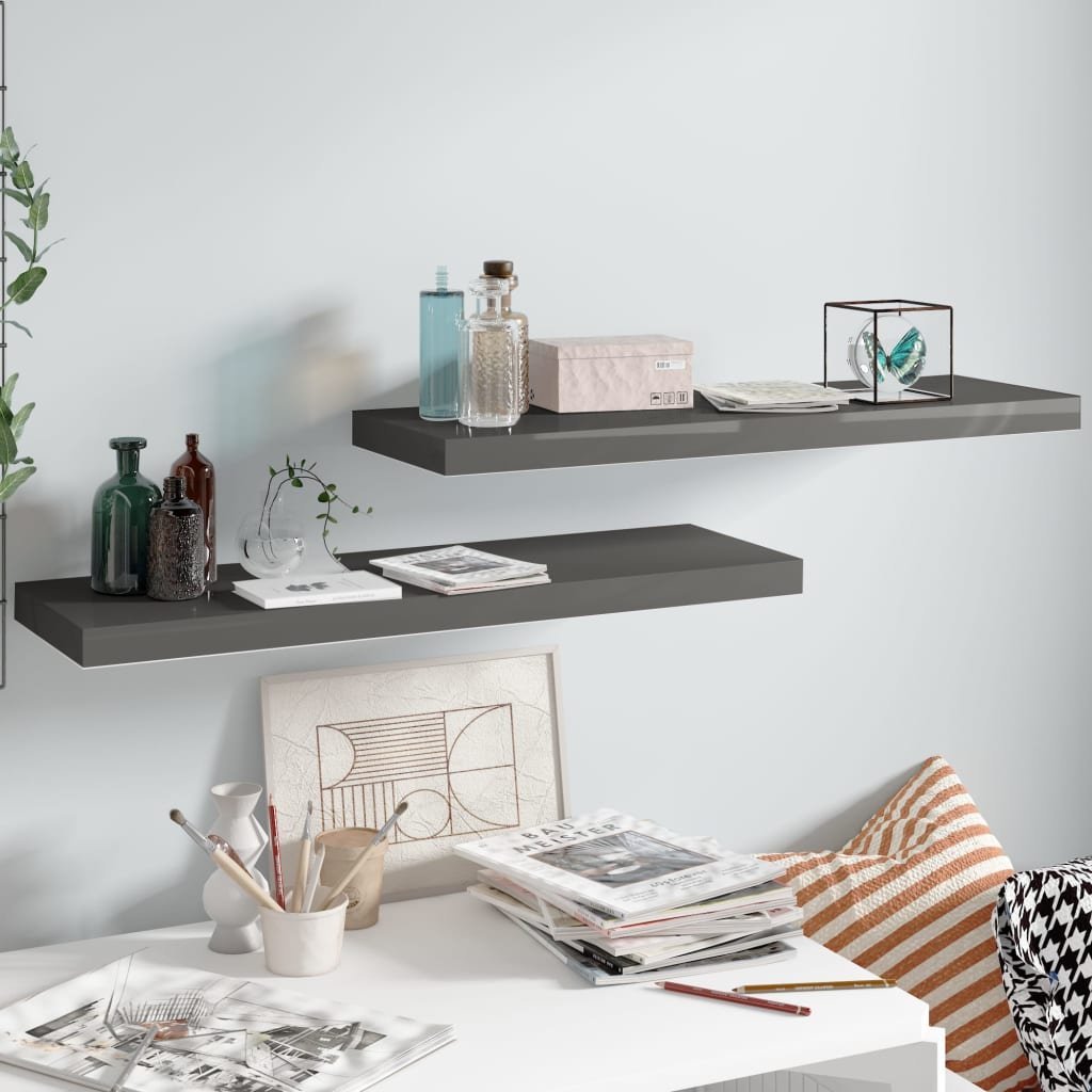 vidaXL vidaXL Półki ścienne, 2 szt, wysoki połysk, szare, 80x23,5x3,8 cm, MDF