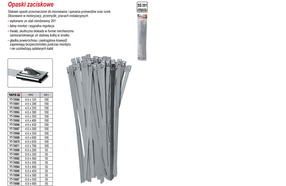 YATO OPASKI ZACISKOWE ZE STALI NIERDZEWNEJ   8,0x550mm /50szt.
