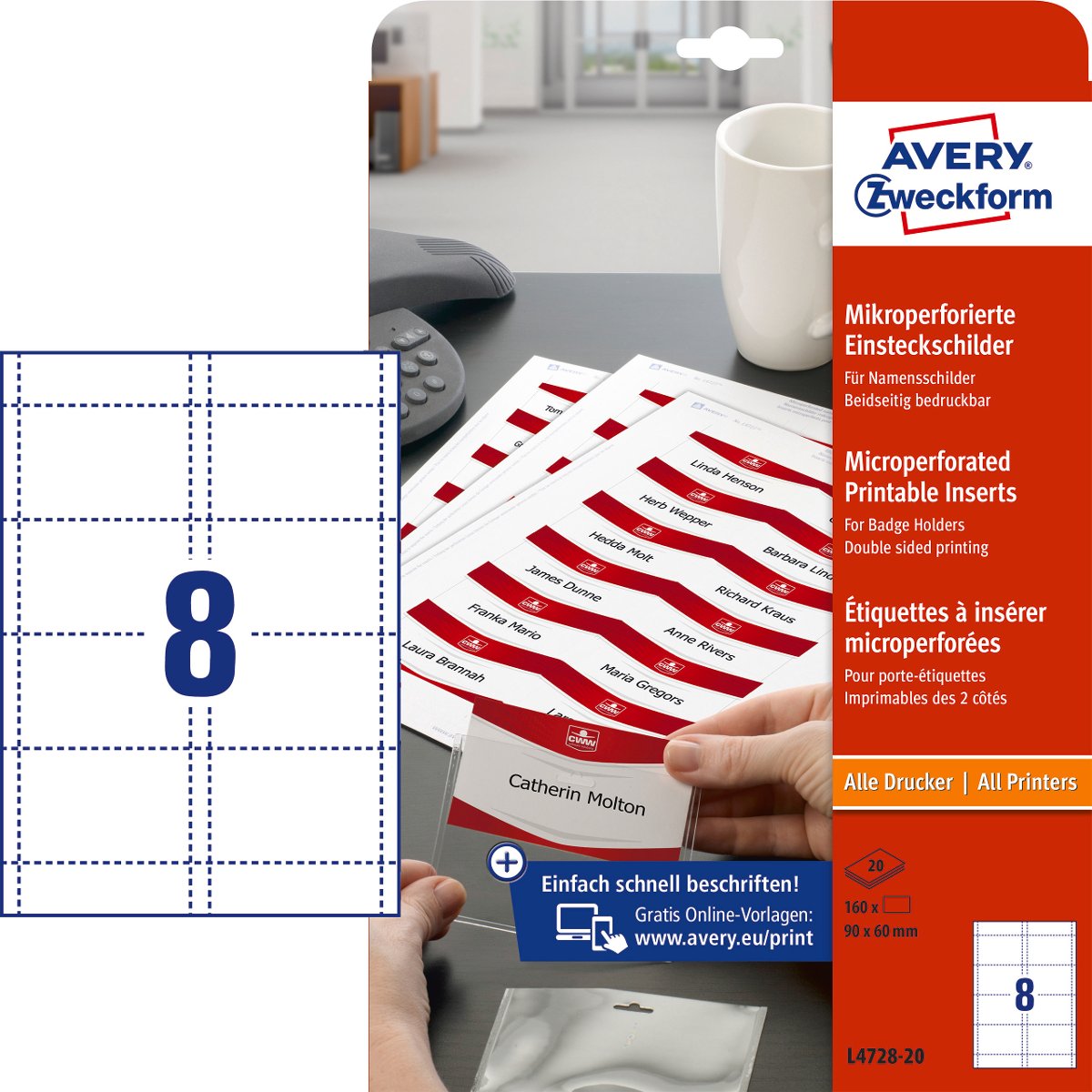 Identyfikatory z mikroperforacją Avery Zweckform; A4, 20 ark./op., 60 x 90 mm, białe, 160szt.[WYPRZEDAŻ] /L4728-20/