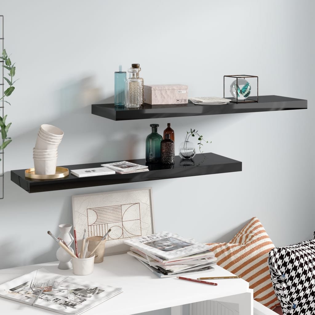 vidaXL vidaXL Półki ścienne 2 szt. wysoki połysk, czarne, 90x23,5x3,8 cm, MDF
