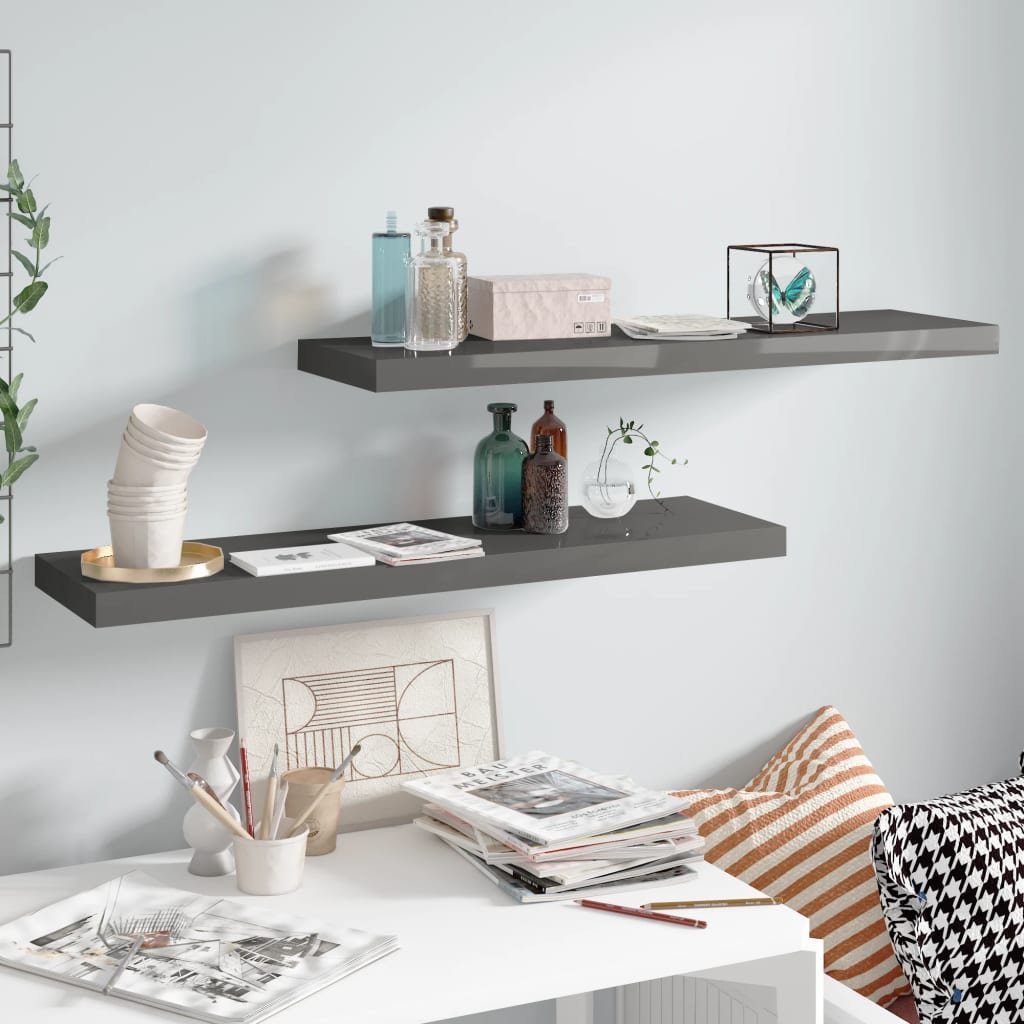 vidaXL vidaXL Półki ścienne, 2 szt, wysoki połysk, szare, 90x23,5x3,8 cm, MDF