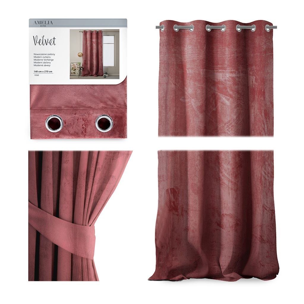 Różowa zasłona AmeliaHome Velvet, 140x270 cm