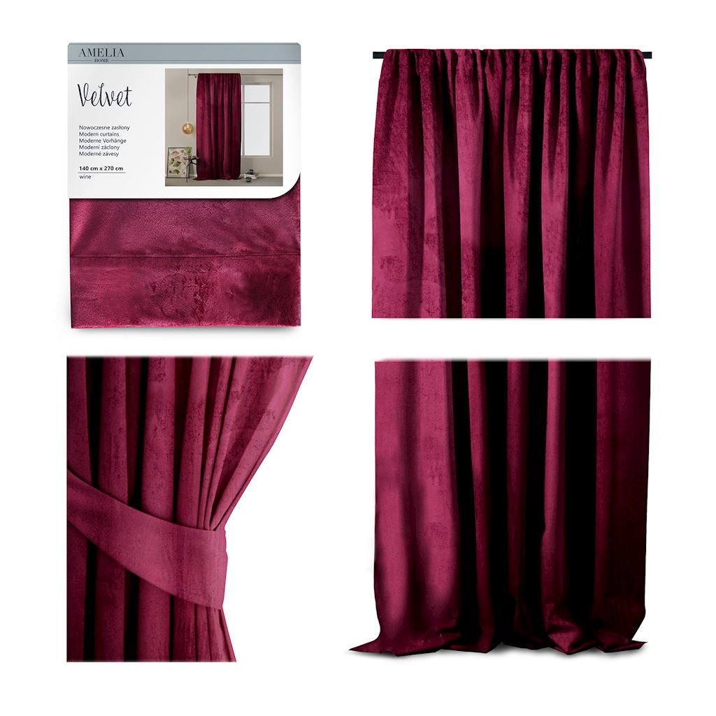 Zasłona VELVET kolor czerwony styl klasyczny taśma velvet 140x270 ameliahome - CURT/AH/VELVET/PLEAT/WINE/140X270/1PC