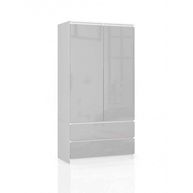 SZAFA S 90 cm 2 DRZWI 2 SZUFLADY BIAŁA / METALIK POŁYSK