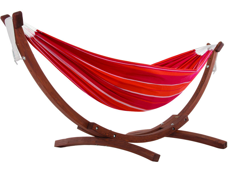 Hamak dwuosobowy + drewniany stojak, czerwono-pomarańczowy C8SPCT