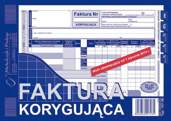 Druk, Faktura korygująca, A5, oryginał i kopia