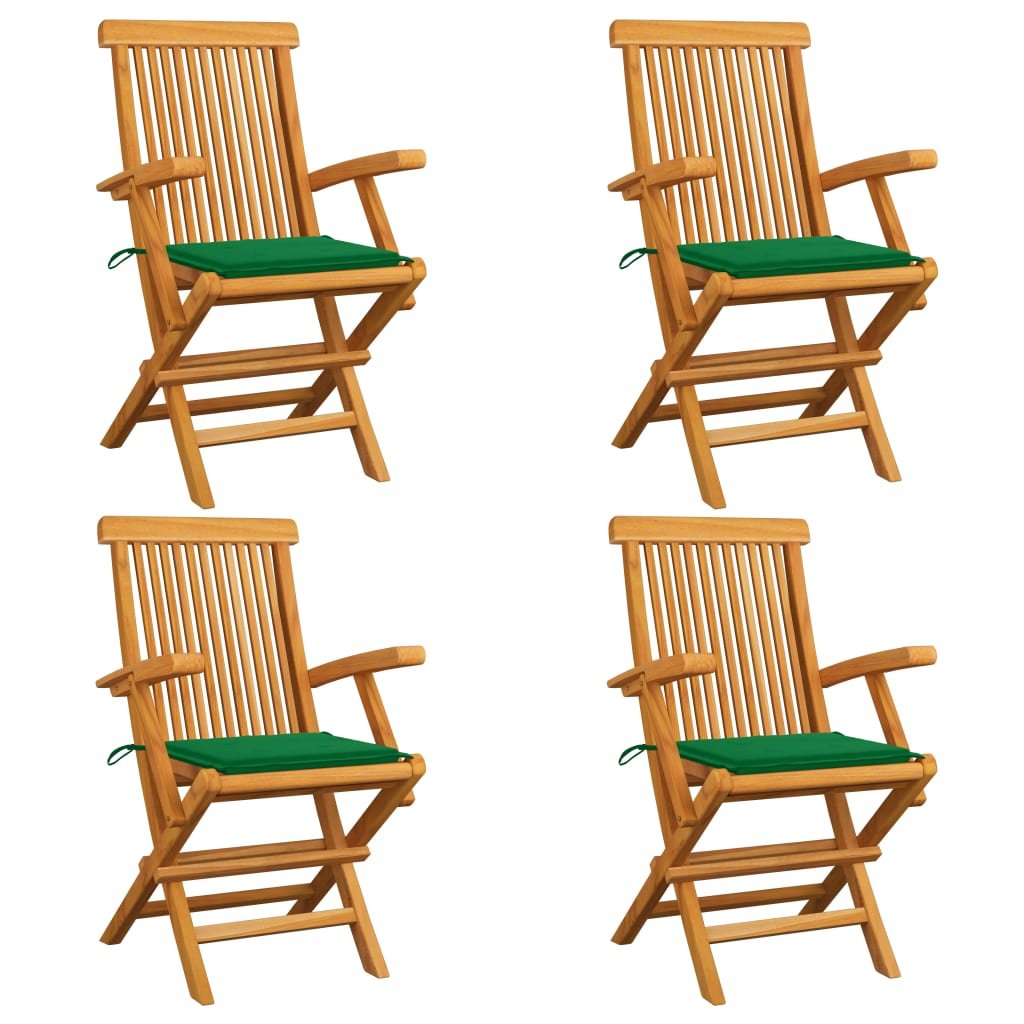 vidaXL Krzesła ogrodowe, zielone poduszki, 4 szt., lite drewno tekowe