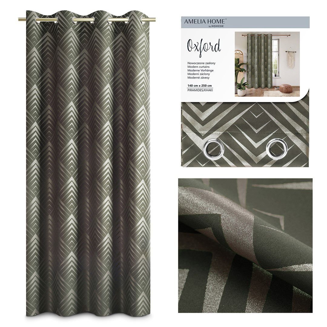 AmeliaHome Zasłona z błyszczącym nadrukiem przelotki OXFORD PIRAMIDES 140X250 khaki