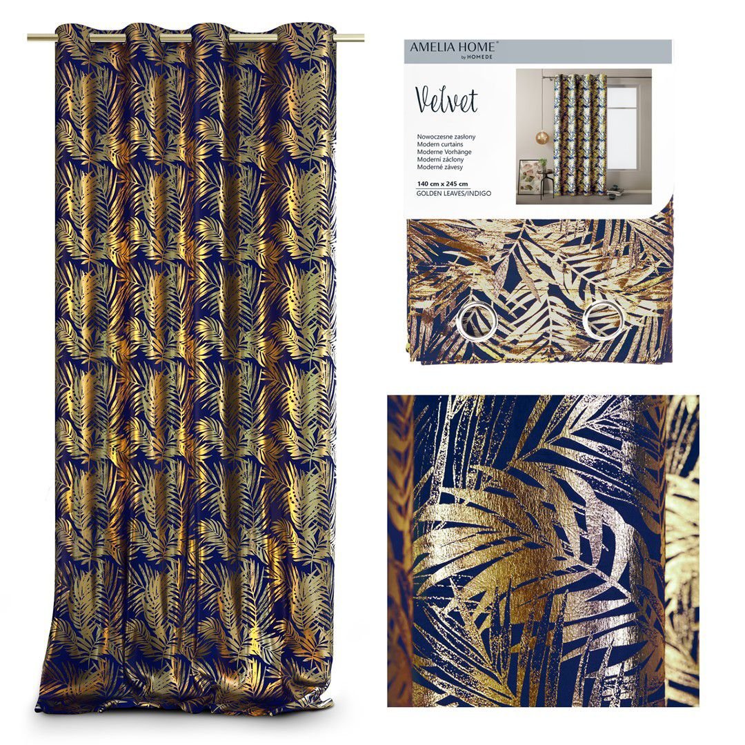 AmeliaHome Zasłona Velvet Golden Leaves indigo, 140 x 245 cm