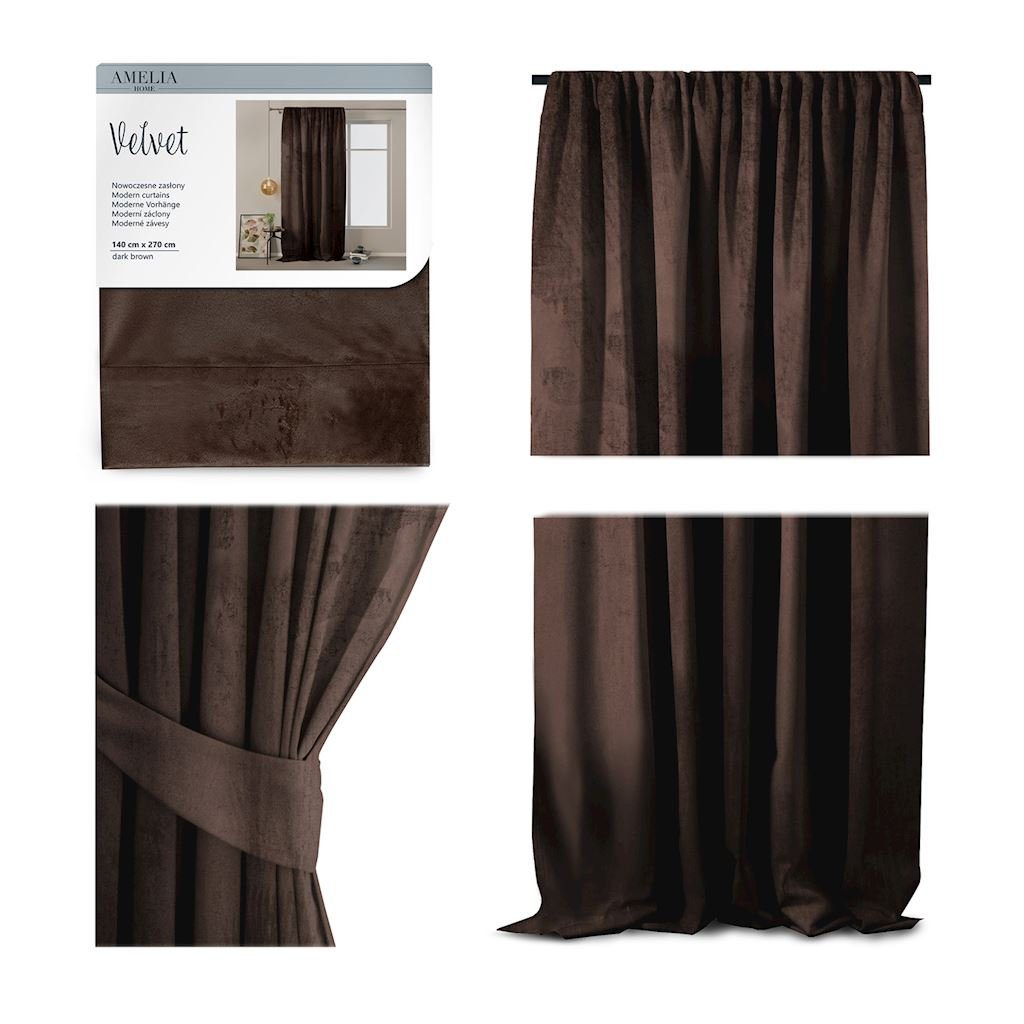 Zasłona VELVET kolor brązowy styl klasyczny taśma velvet 140x270 ameliahome - CURT/AH/VELVET/PLEAT/D.BROWN/140X270/1PC
