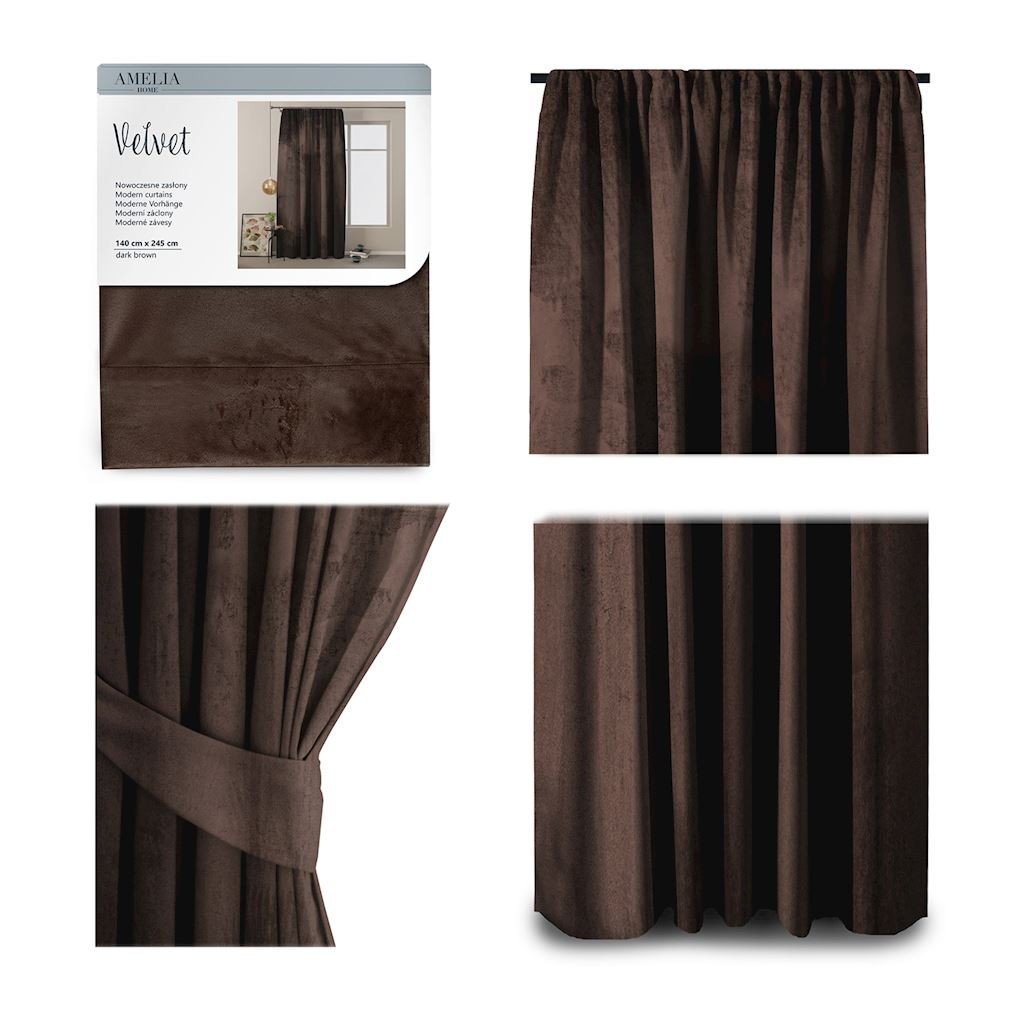 AmeliaHome Zasłona Velvet na taśmie 140X245 1szt. Brąz