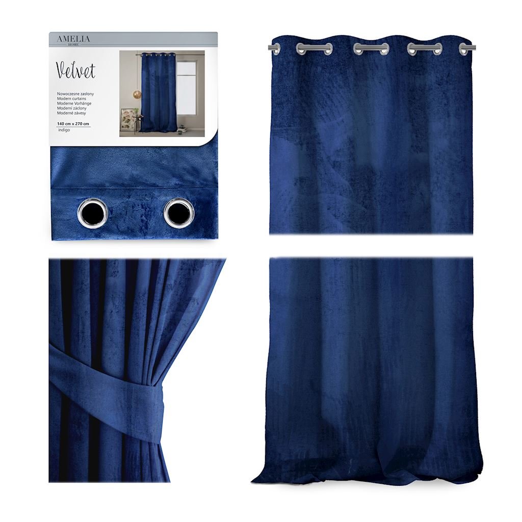 AmeliaHome Zasłona Velvet na przelotkach 140X270 1szt. Indygo