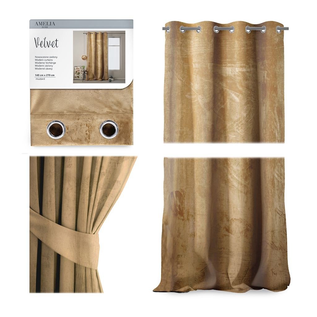 Musztardowa zasłona AmeliaHome Velvet, 140x270 cm