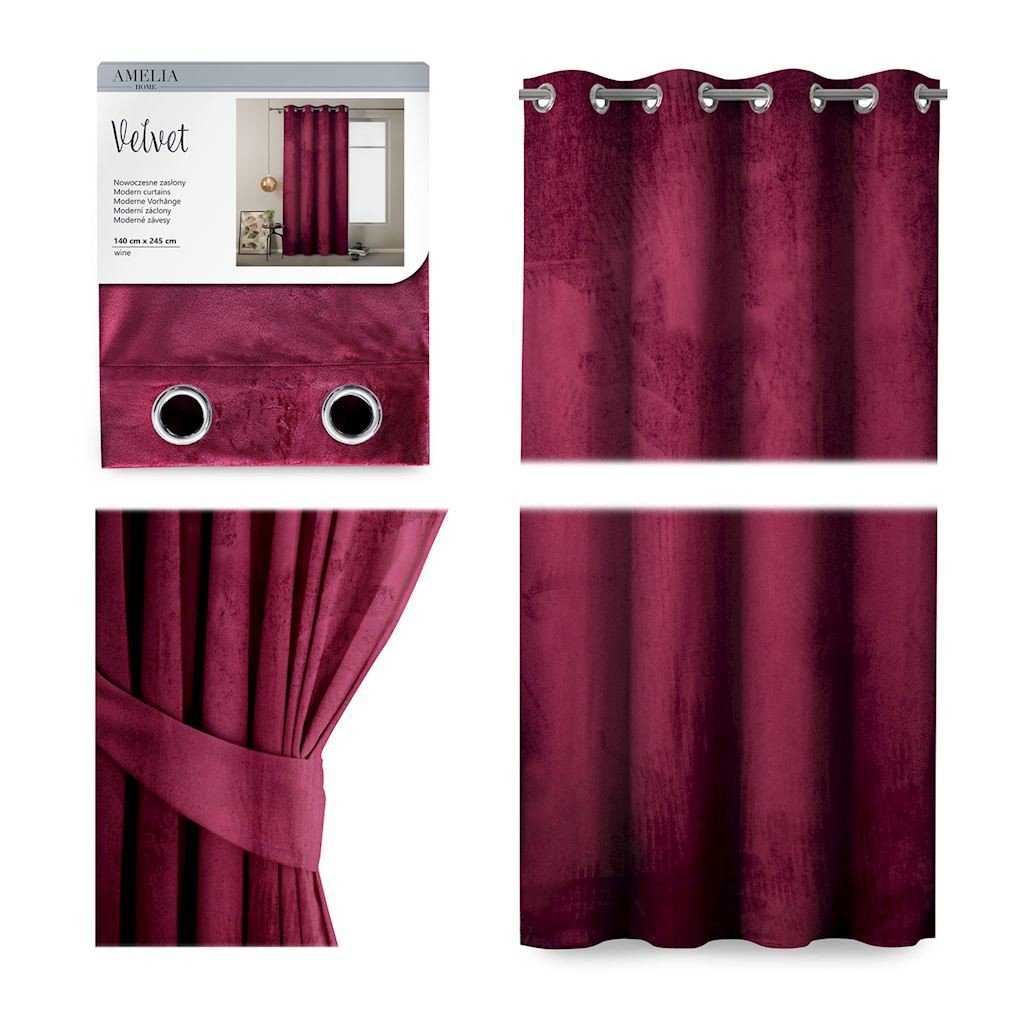 AmeliaHome Zasłona Velvet na przelotkach 140X245 1szt. Winny