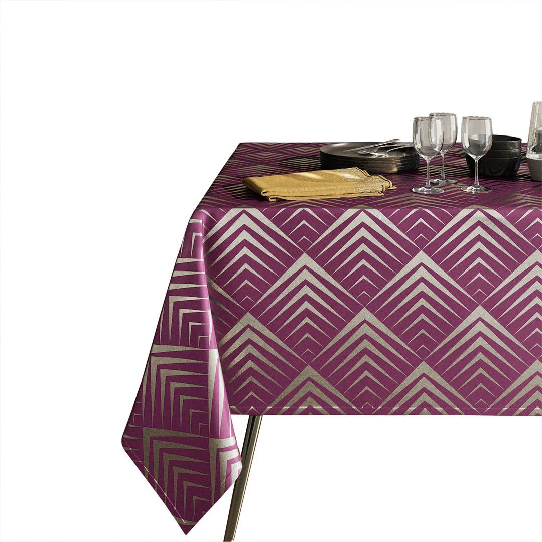 Obrus PIRAMIDES kolor fioletowy drukowany motyw geometryczny 140x220 prostokąt ameliahome - TCLOTH/AH/OXFORD/PIRAMIDES/PLUM/140x