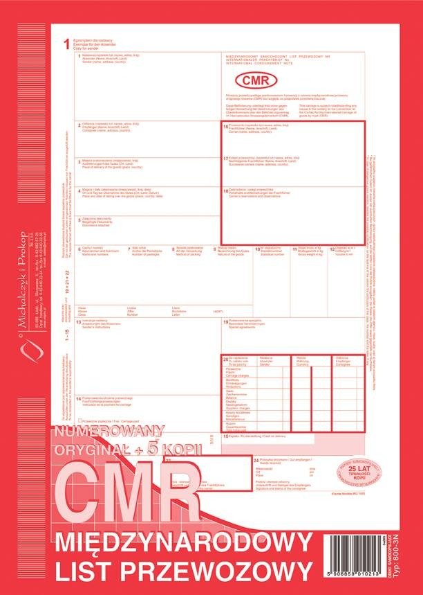 Michalczyk&Prokop CMR MIĘDZYNARODOWY LIST PRZEWOZOWY NUMEROWANY A4