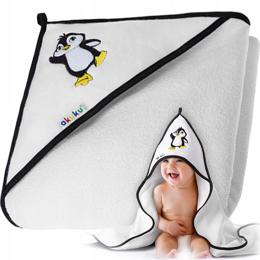 Akuku Okrycie kąpielowe 100x100 ręcznik z kapturkiem - Białe Pingwin OK 100X100 A1240 BIA