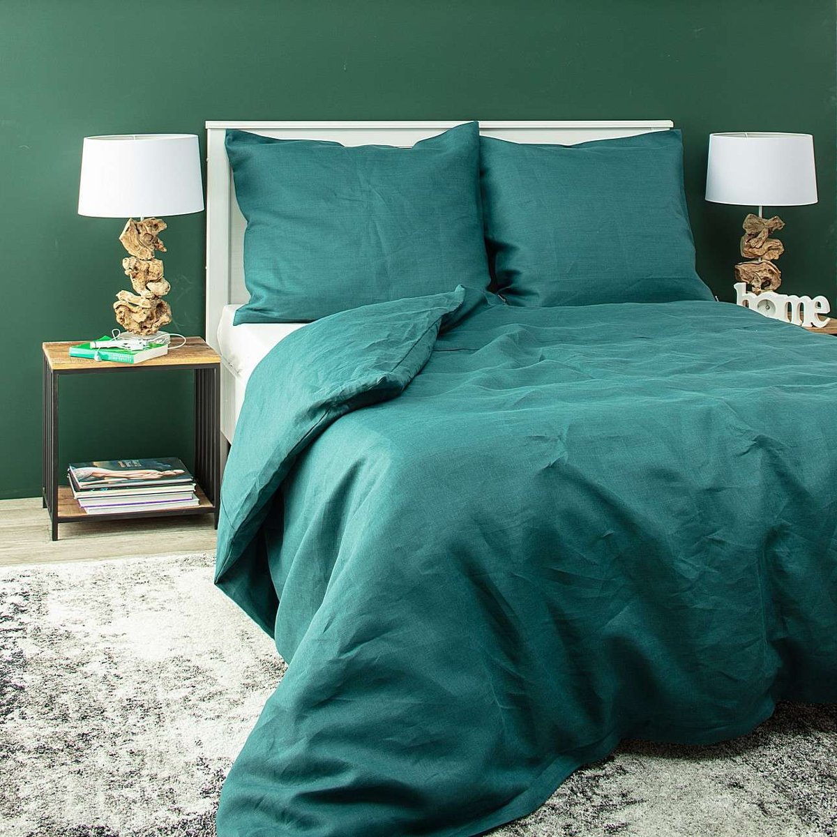 Dekoria pl pl Komplet pościeli lnianej Linen 220x200cm emerald green 220 x 200 cm 2 poszewki 80 x 70 cm 763-159-09