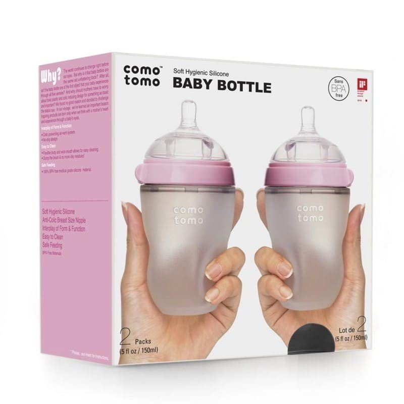 Comotomo, Zestaw antykolkowych butelek silikonowych, MOM'S BREAST, 250 ml, Pink BABY