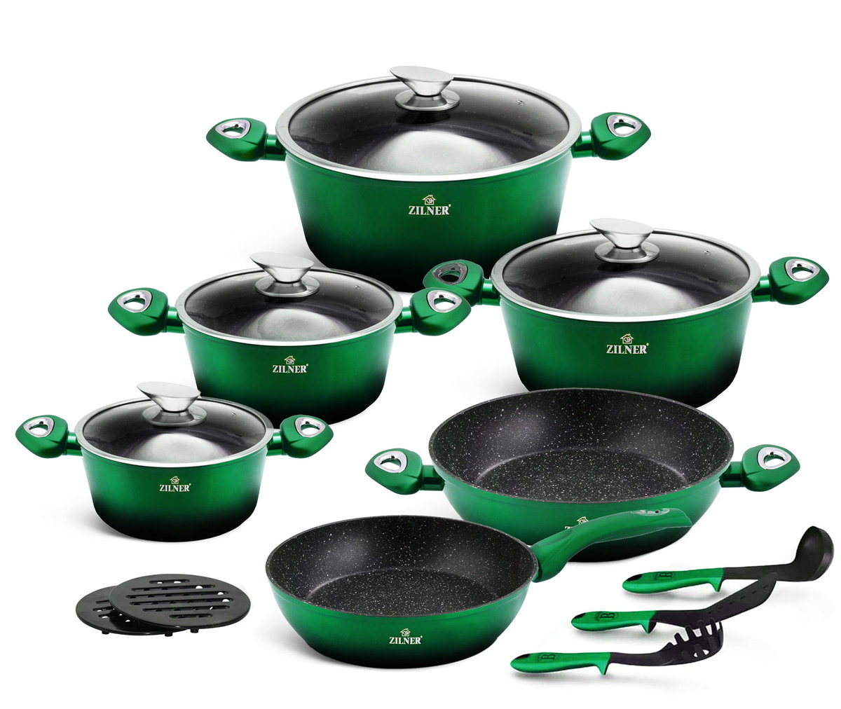 Garnki Z Powłoką Granitową 15 Ele. Zilner Emerald Noir Zl-8520