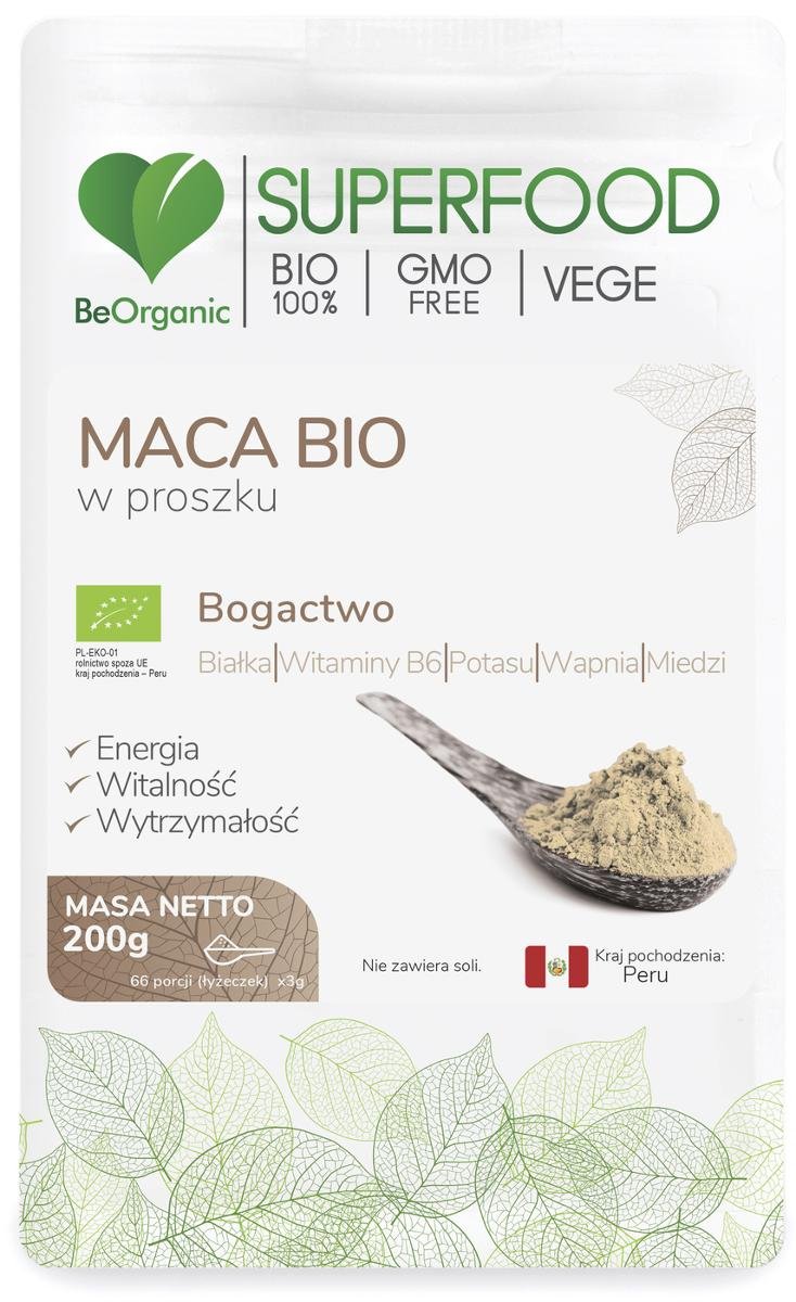 MedicaLine Maca bio w proszku 200g BeOrganic białka witamina B6 potas wapń miedź lepidium meyenii MC159