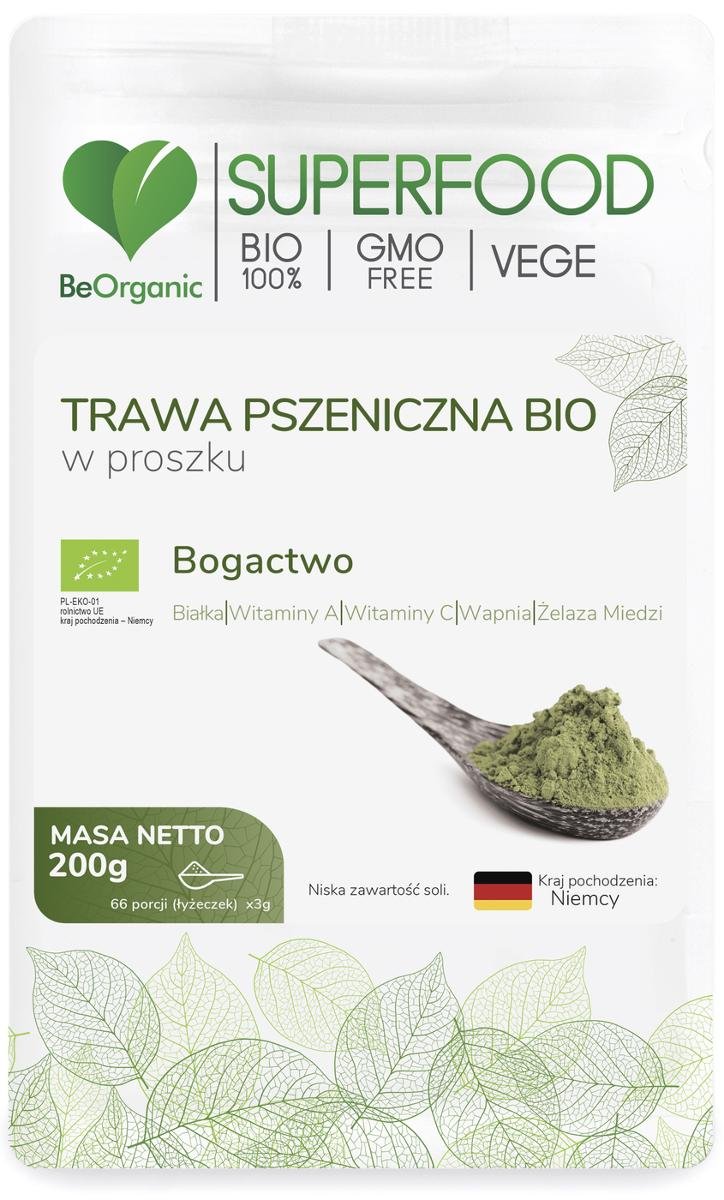 MedicaLine Trawa pszeniczna bio w proszku 200g BeOrganic białka witamina A C wapń żelazo miedź triticum aestivum MC162