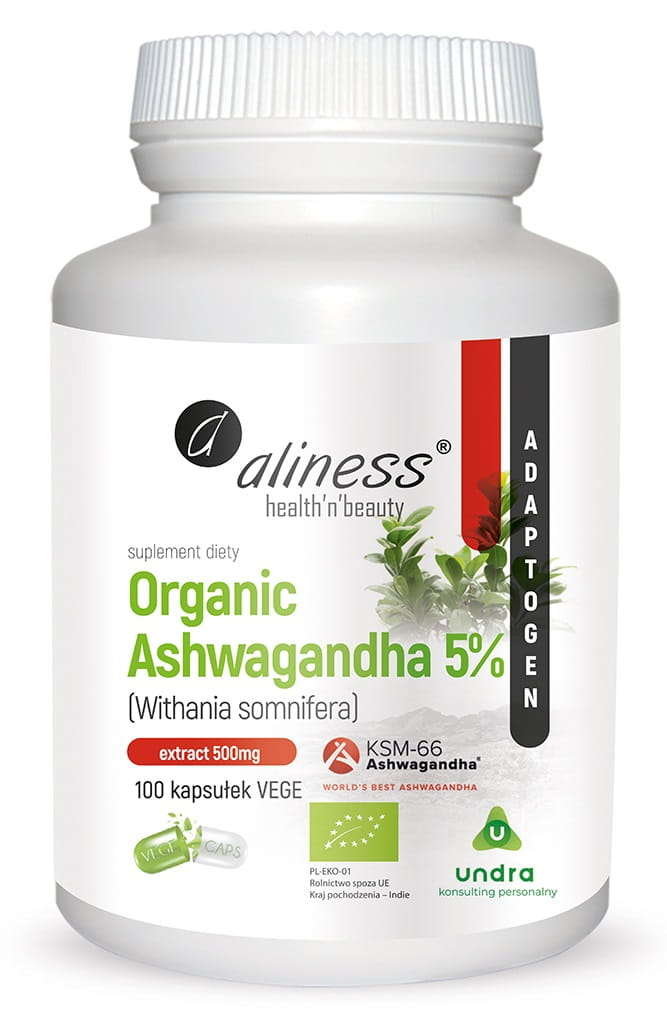 Aliness Organic Ashwagandha 5% KSM-66 Ekologiczna 500 mg Withania somnifera (100 kaps) Undra