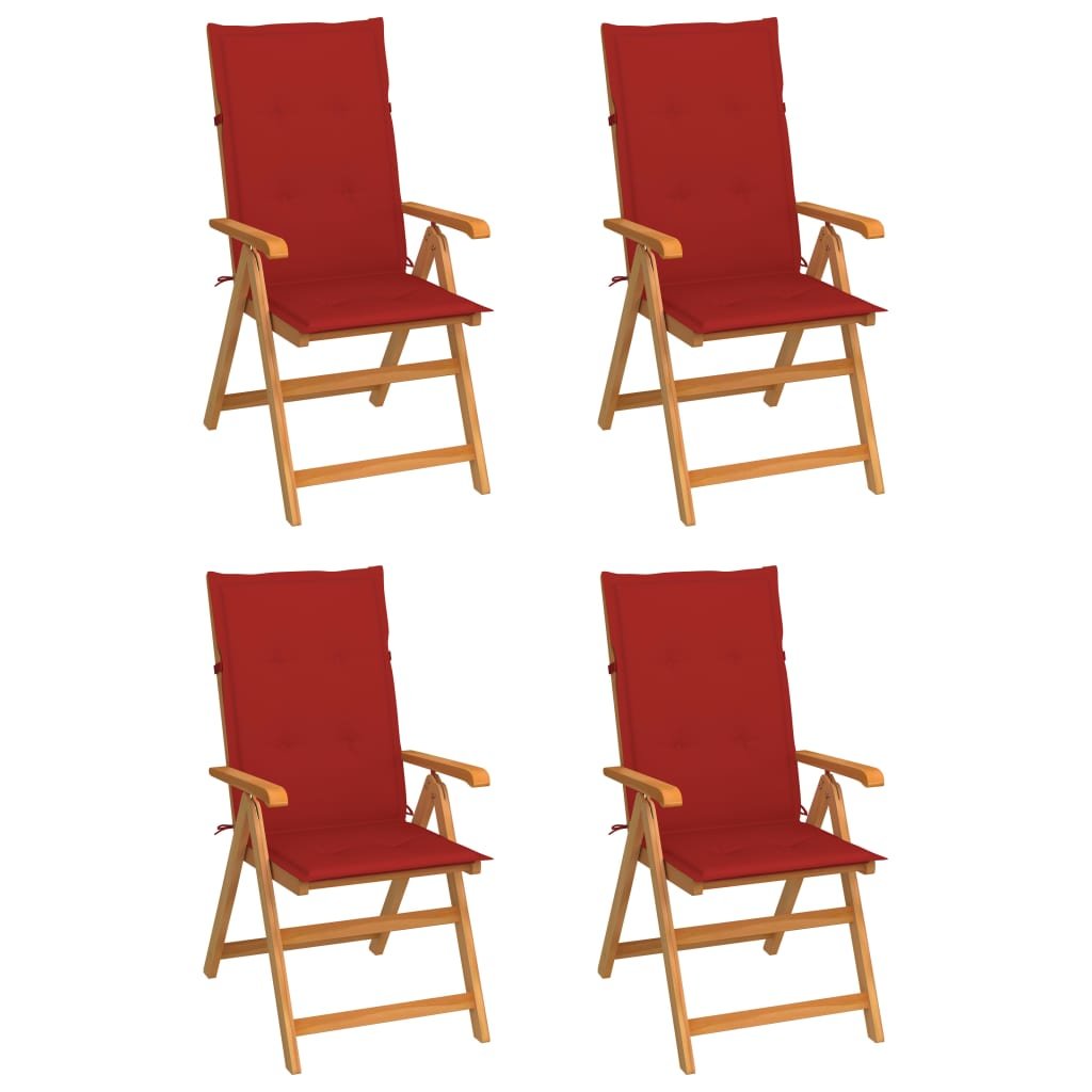 vidaXL Krzesła ogrodowe, 4 szt., czerwone poduszki, drewno tekowe! 3065536