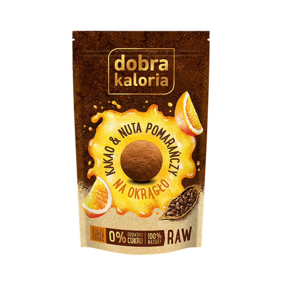 Dobra Kaloria | KUBARA sp. z o.o., ul. Bema 32, 42 Dobra Kaloria | KUBARA sp z o.o. ul Bema 32 42 Ciasteczka-kulki Kakao&Nuta pomarańczy bez cukru 65 g Dobra Kaloria M00-60AA-290B0
