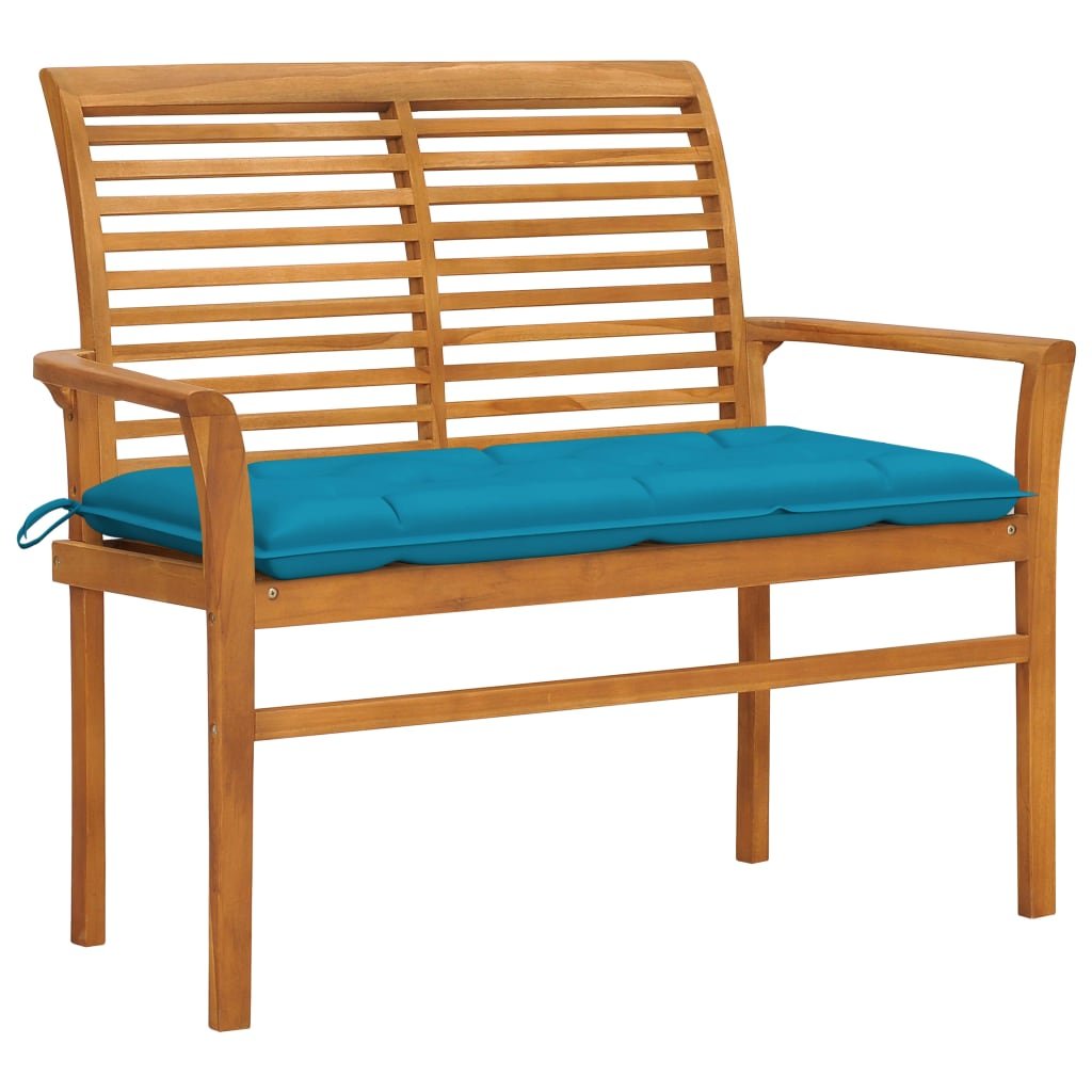 vidaXL Ławka ogrodowa z jasnoniebieską poduszką, 112 cm, drewno tekowe 3062668
