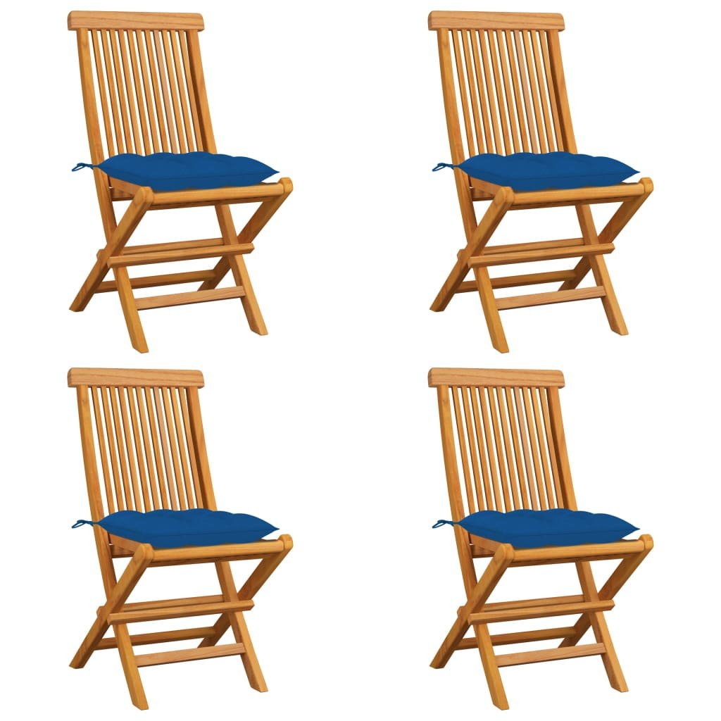vidaXL Krzesła ogrodowe, niebieskie poduszki, 4 szt., drewno tekowe 3062593