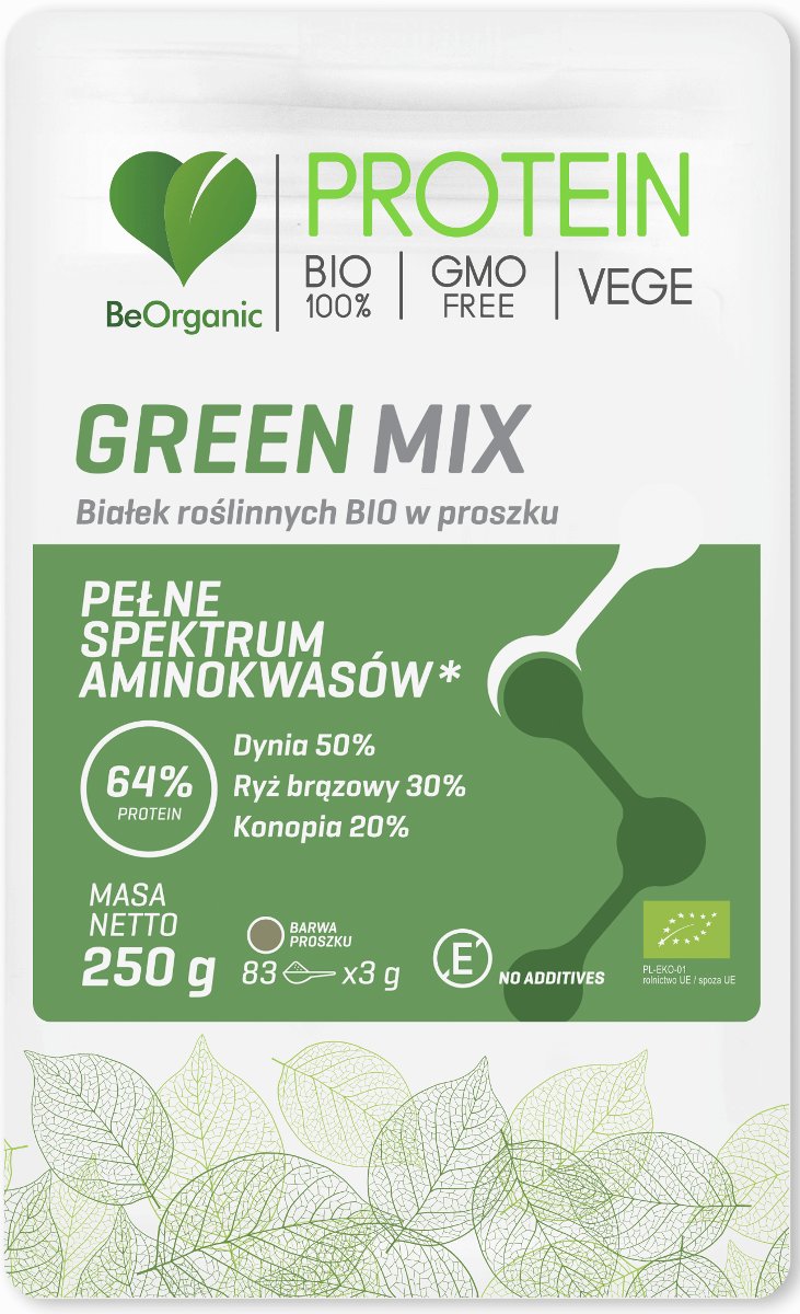 Beorganic Białko Roślinne BIO Green Mix 64% Protein (Dynia, Ryż Brązowy, Konopia) Aminokwasy 250 g VEGE BeOrganic brg-029