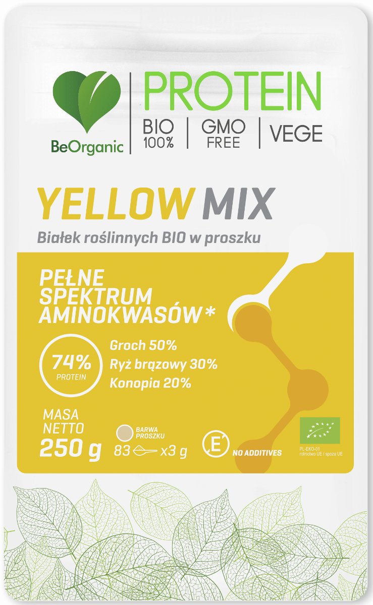 Beorganic Białko Roślinne BIO Yellow Mix 74% Protein (Groch, Ryż Brązowy, Konopia) Aminokwasy 250 g VEGE BeOrganic brg-031