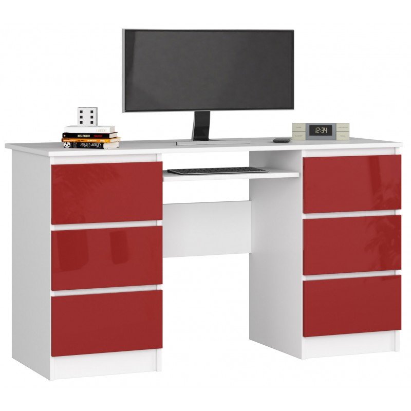 Biurko komputerowe AKORD A11 Białe 135 cm - 6 szuflad, fronty kolor Czerwony Połysk - 135x50x77 cm