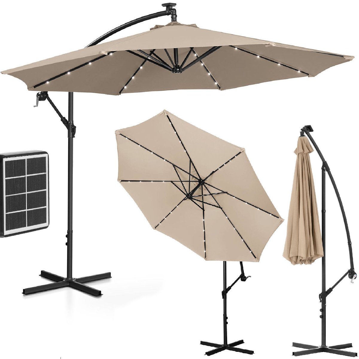 Uniprodo Parasol ogrodowy wiszący - 300 cm - kremowy - LED UNI_UMBRELLA_R300CRL UNI_UMBRELLA_R300CRL