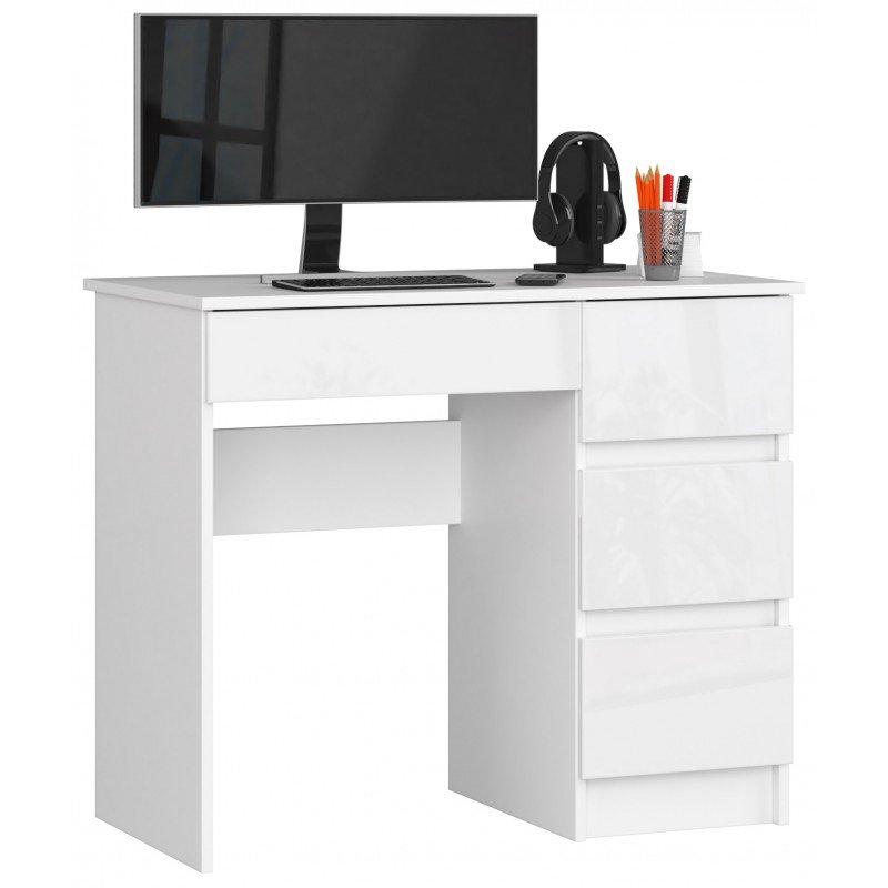 Biurko komputerowe AKORD A7 Białe 90 cm prawe - 4 szuflady, fronty kolor Biały Połysk - 90x50x77 cm