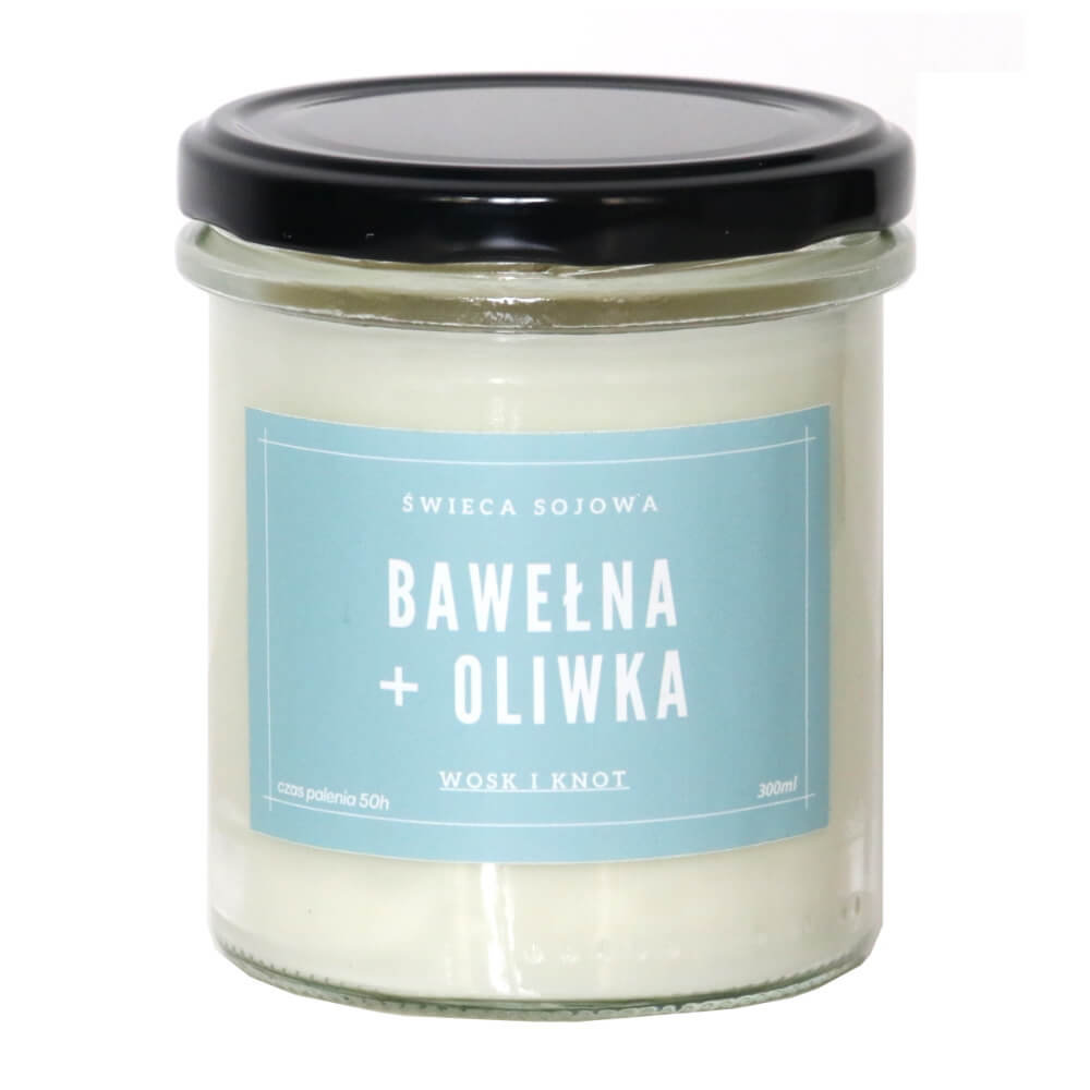 Świeca sojowa BAWEŁNA + OLIWKA - aromatyczna ręcznie robiona naturalna świeca zapachowa w słoiczku 300ml