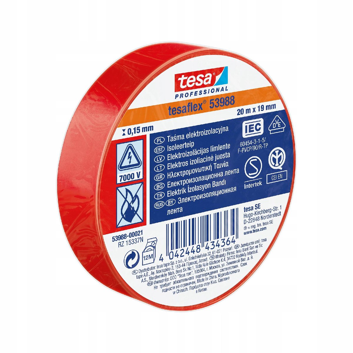 Tesa Taśma elektroizol.5000v pcw 20m:19mm czerwona (h5394888) H5398821