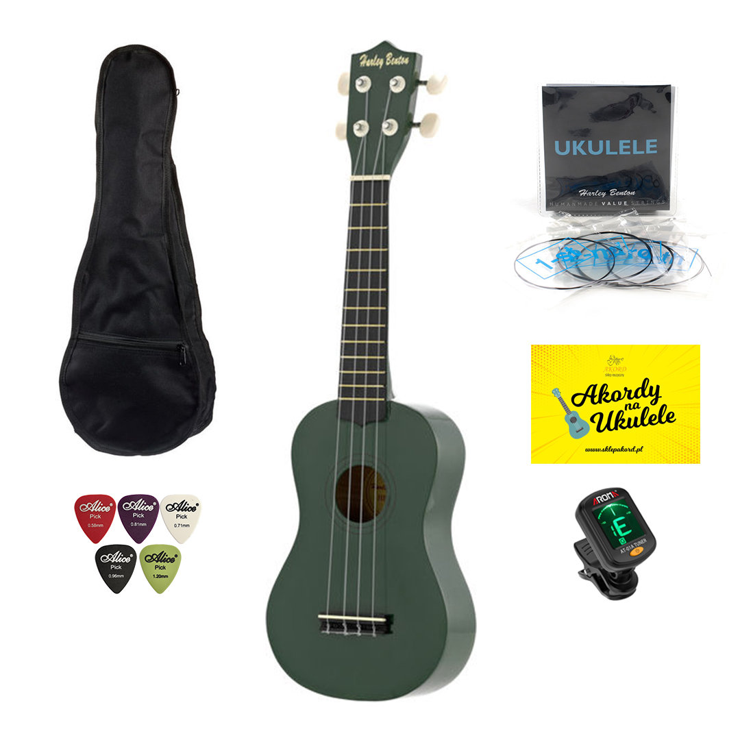Ukulele Harley Benton Green + zestaw akcesoriów