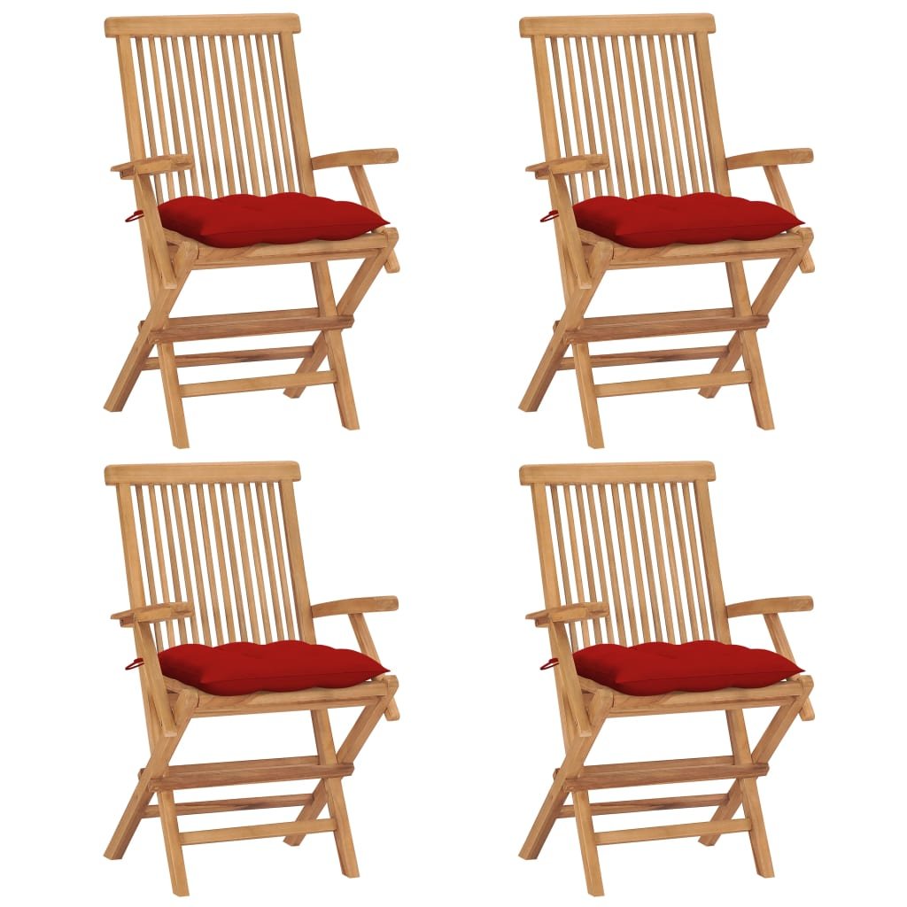 vidaXL Krzesła ogrodowe czerwone poduszki 4 szt. lite drewno tekowe 3065638