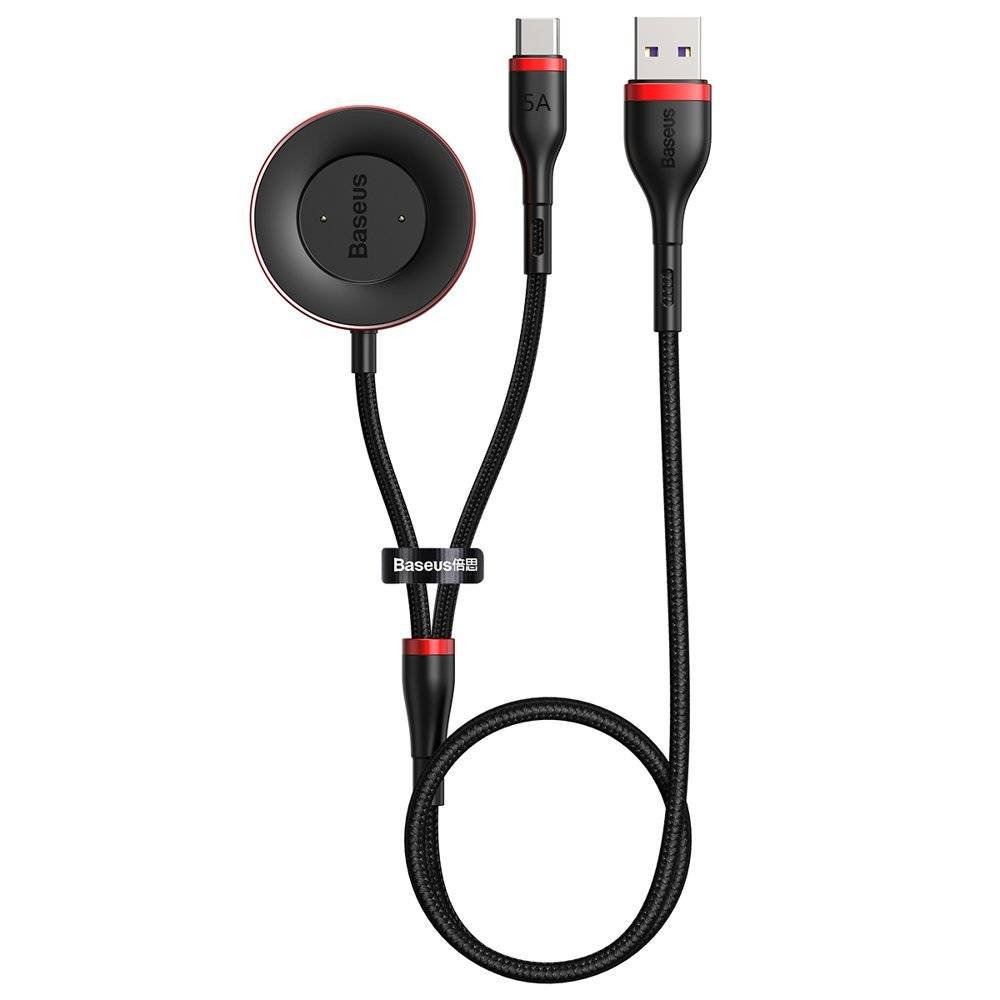 Baseus 2w1 kabel USB - USB Typ C 40 W / ładowarka bezprzewodowa Huawei / Honor watch 1,5 m 5 A czarno-czerwony (CA1T2-91) - Czarno-czerwony CA1T2-91