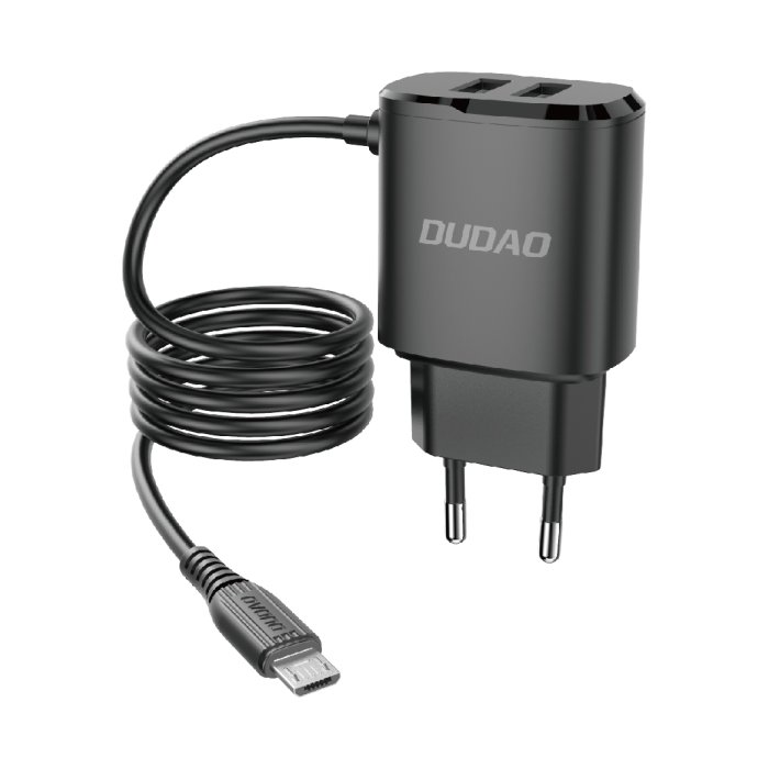 Фото - Зарядний пристрій Dudao Ładowarka sieciowa 2x USB z wbudowanym kablem micro USB 12W czarny 