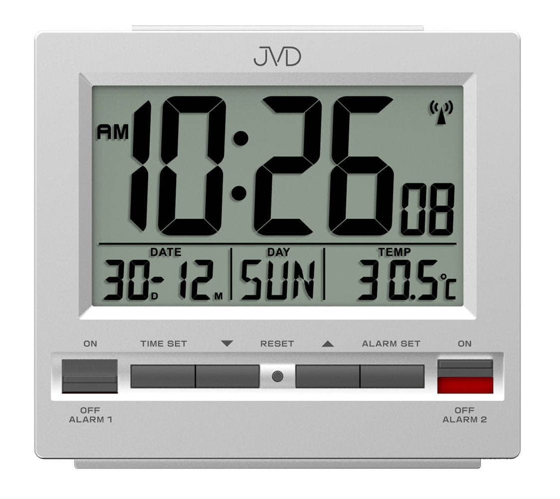 JVD Budzik RB9371.1 Termometr, dwa alarmy, DCF77 - odcienie szarości i srebra RB9371.1