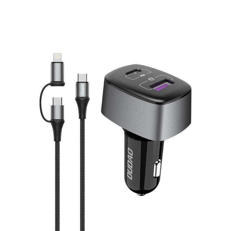 Dudao ładowarka samochodowa USB / USB Typ C Power Delivery (60 W) Quick Charge 4.0 (22,5 W) + kabel USB Typ C - USB Typ C / Lightning czarny (R7XS black)