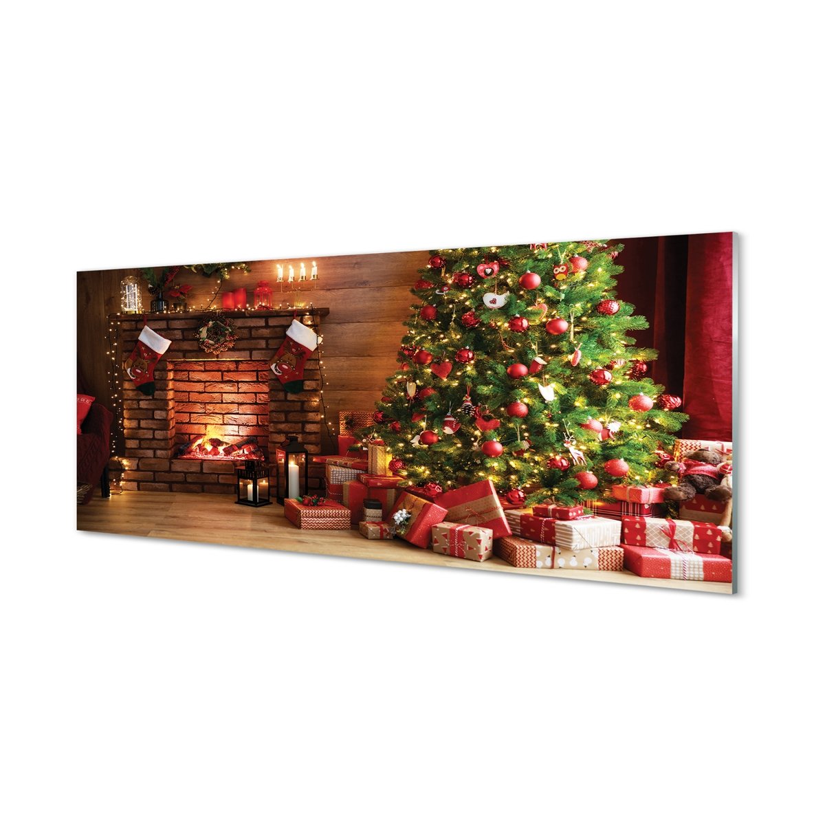 Panel szklany Kominek choinka prezenty 125x50 cm