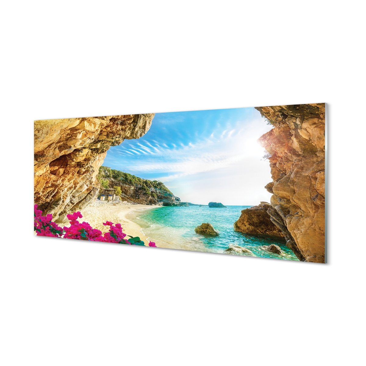 Panel szklany Grecja Wybrzeże klify kwiaty 125x50 cm